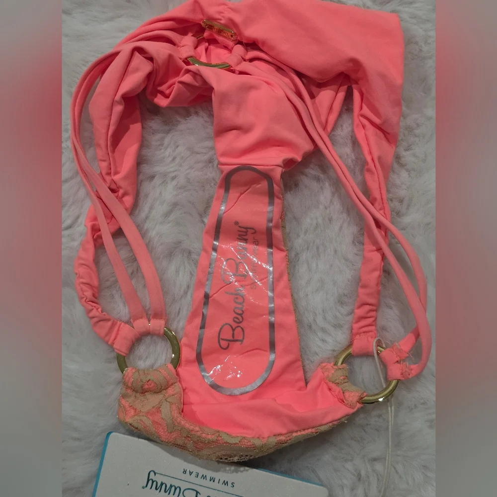 NWT Beach Bunny Coral Gun powder And‎ Lace Skimpy Strappy Bikini Bottoms L - Picture 3 of 3